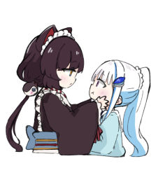 Rule 34 | 2girls, :t, animal ears, black kimono, blue cardigan, blue hair, blush, braid, brown eyes, brown hair, cardigan, chibi, closed mouth, commentary request, cropped torso, dog ears, dog hair ornament, eye contact, from side, hair ornament, hands on another&#039;s face, inui toko, japanese clothes, kimono, lize helesta, long hair, long sleeves, looking at another, low twintails, maid, maid headdress, multicolored hair, multiple girls, nijisanji, nozo (hitomiz), obi, ponytail, profile, purple eyes, sailor collar, sash, school uniform, serafuku, sleeves past wrists, twintails, two-tone hair, upper body, virtual youtuber, wa maid, white hair, white sailor collar, wide sleeves