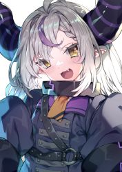 Rule 34 | 1girl, :d, ahoge, braid, brown eyes, collar, commentary, crown braid, fang, grey hair, hair between eyes, head tilt, highres, hololive, horns, la+ darknesss, long hair, long sleeves, looking at viewer, metal collar, multicolored hair, o-ring, open mouth, pointy ears, purple hair, redcomet, simple background, smile, solo, streaked hair, striped horns, two-tone hair, upper body, virtual youtuber, white background, wide sleeves