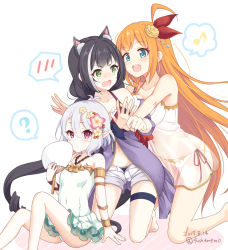 Rule 34 | 3girls, :d, ?, ahoge, animal ear fluff, animal ears, armlet, ass, bad id, bad pixiv id, bare arms, bare legs, bare shoulders, barefoot, bikini, black hair, blue bikini, blue eyes, blush, bracelet, breasts, cat ears, cat girl, cat tail, collarbone, covered navel, dated, extra ears, flower, fushamemo, green eyes, hair flower, hair ornament, halterneck, hand fan, holding, holding fan, hug, jewelry, karyl (princess connect!), karyl (summer) (princess connect!), kneeling, kokkoro (princess connect!), kokkoro (summer) (princess connect!), large breasts, long hair, looking at viewer, medium breasts, multicolored hair, multiple girls, musical note, navel, nose blush, one-piece swimsuit, open fly, open mouth, orange hair, paper fan, pecorine (princess connect!), pecorine (summer) (princess connect!), pink eyes, pointy ears, princess connect!, rose, see-through, short shorts, shorts, side-tie bikini bottom, sidelocks, sitting, small breasts, smile, spoken blush, spoken musical note, spoken question mark, streaked hair, swimsuit, tail, thigh strap, thighs, twitter username, uchiwa, very long hair, white bikini, white hair, white one-piece swimsuit, white shorts, yellow flower