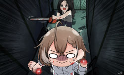 Rule 34 | 2girls, :&gt;, :d, ahoge, alternate costume, bad id, bad twitter id, blood, blood on clothes, blood on face, braid, braided bangs, brown hair, camisole, censored, chainsaw, collared shirt, dress shirt, emphasis lines, fleeing, hallway, highres, hololive, hololive english, mia winters, mosaic censoring, multicolored hair, multiple girls, nanashi mumei, o o, open mouth, power tool, resident evil, resident evil 7: biohazard, severed hand, shinobu otaku, shirt, short hair, smile, streaked hair, turn pale, virtual youtuber, white shirt