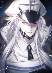 Rule 34 | 1boy, alchemy stars, aqua eyes, barton (alchemy stars), black necktie, coat, commentary request, fur trim, hat, highres, long hair, male focus, necktie, one eye closed, parted lips, peaked cap, scar, scar on face, scar on nose, sharp teeth, simple background, solo, sonomi, teeth, upper body, white hair, white hat