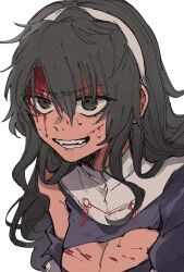Rule 34 | 1girl, ashigara (kancolle), black eyes, black hair, blood, blood on face, breasts, cuts, fangs, hair between eyes, hairband, highres, injury, kantai collection, long hair, medium breasts, simple background, solo, sumoffu, sweat, torn clothes, upper body, white background, white hairband
