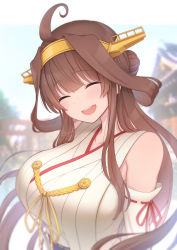 Rule 34 | 1girl, ahoge, blurry, brown hair, closed eyes, contllenge, depth of field, detached sleeves, double bun, hair bun, hairband, headgear, highres, japanese clothes, kantai collection, kongou (kancolle), long hair, open mouth, ribbon-trimmed sleeves, ribbon trim, smile, solo, teeth, upper body, upper teeth only