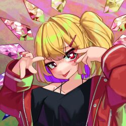 Rule 34 | 1girl, :p, alternate costume, black shirt, blonde hair, blush, breasts, bright pupils, collarbone, crystal, double w, fang, fang out, flandre scarlet, heart, heart-shaped pupils, highres, jacket, medium hair, nail polish, no headwear, one side up, open clothes, open jacket, purple background, red eyes, red jacket, red nails, shirt, simple background, single bare shoulder, small breasts, solo, symbol-shaped pupils, tongue, tongue out, touhou, tsurime, w, w over eye, white pupils, wings, zakozako y