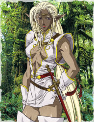 Rule 34 | 1girl, anime coloring, bad id, bad pixiv id, belt, blonde hair, breasts, breasts apart, circlet, cleavage, dark-skinned female, dark skin, elbow gloves, elf, forest, gloves, hand on own hip, lipstick, long hair, looking at viewer, low-tied long hair, makeup, nature, official style, photo background, pirotess, pointy ears, purple eyes, record of lodoss war, red lips, sagatan, sheath, sleeveless, sword, very long hair, weapon