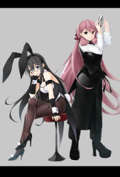 Rule 34 | 2girls, akashi (kancolle), alternate breast size, alternate costume, animal ears, apron, bartender, black apron, black bow, black bowtie, black gloves, black hair, black pants, black pantyhose, blunt tresses, bow, bowtie, breasts, cleavage, cocktail shaker, detached collar, fingerless gloves, full body, gloves, green eyes, grey background, hair ribbon, hand on own face, kantai collection, kochipu, leotard, long hair, medium breasts, multiple girls, ooyodo (kancolle), pants, pantyhose, pink hair, playboy bunny, rabbit ears, rabbit tail, ribbon, shirt, sitting, standing, stool, tail, tress ribbon, white leotard, white shirt, wrist cuffs