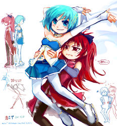 Rule 34 | 10s, 2girls, :d, annoyed, arms up, bare shoulders, blue dress, blue hair, dress, elbow gloves, expressionless, fingerless gloves, fortissimo, full body, gloves, hair ornament, ice skates, lifting person, long hair, looking at viewer, magical girl, mahou shoujo madoka magica, mahou shoujo madoka magica (anime), mahou shoujo madoka magica movie 1 &amp; 2, miki sayaka, multiple girls, musical note, musical note hair ornament, open mouth, outstretched arms, pantyhose, red hair, sakura kyoko, short hair, silverxp, skates, smile, strapless, thought bubble, very long hair, white legwear
