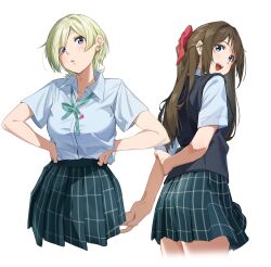 Rule 34 | 0364p, 2girls, absurdres, arms behind back, blonde hair, blue eyes, breasts, brown hair, commentary, cropped legs, earclip, hair over one eye, hair ribbon, hand on own arm, hands on own hips, highres, light blush, long hair, looking at viewer, looking back, looking down, loose neck ribbon, love live!, love live! nijigasaki high school idol club, medium breasts, mia taylor, multiple girls, nijigasaki school uniform, open mouth, osaka shizuku, parted bangs, parted lips, ponytail, ribbon, school uniform, short hair, smile, summer uniform, teeth, upper teeth only, white background