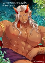 Rule 34 | 1boy, abs, armband, artist name, bara, blue eyes, bracelet, couch, demon, demon boy, demon horns, ear piercing, earrings, facial hair, fang, hige kariudoshachi, horns, jewelry, large pectorals, leaf, long hair, looking at viewer, lying, male focus, manly, mature male, muscular, muscular male, necklace, nipples, original, palm tree, pectorals, piercing, pointy ears, ring, shorts, sitting, smile, solo, stud earrings, tan, topless male, tree, twitter username, white hair