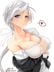 Rule 34 | 1girl, blush, breasts, chitose (kancolle), cleavage, closed mouth, clothes pull, collared shirt, covered erect nipples, dutch angle, grey eyes, grey hair, hair ribbon, headband, heart, highres, kantai collection, large breasts, long hair, looking at viewer, ponytail, ribbon, shirt, shirt pull, shirt tug, sidelocks, simple background, smile, solo, spoken heart, takase muh, white background, white shirt