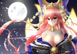 Rule 34 | animal ears, bare shoulders, bell, bow, breasts, cleavage, collarbone, commentary request, fate/grand order, fate (series), feather quilt, fox ears, fox tail, full moon, hair bow, hair ribbon, japanese clothes, large breasts, long hair, looking at viewer, moon, multiple tails, off shoulder, official alternate costume, pink hair, ribbon, solo, tail, tamamo (fate), tamamo no mae (fate/extra), tamamo no mae (third ascension) (fate), tears, very long hair, yellow eyes