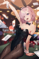 Rule 34 | 1girl, 2020, ace (playing card), ace of hearts, animal ears, arm support, armband, bare shoulders, blurry, blurry background, bow, bowtie, breasts, card, casino, cleavage, collarbone, commentary request, covered navel, dated, detached collar, earrings, eyes visible through hair, fake animal ears, fate/grand order, fate (series), fishnet pantyhose, fishnets, hair over one eye, heart, highres, jewelry, leotard, lucidsky, mash kyrielight, medium breasts, open mouth, pantyhose, pink hair, playboy bunny, playing card, poker chip, purple eyes, rabbit ears, rabbit tail, short hair, signature, sitting, sleeveless, solo, strapless, strapless leotard, tail, teeth, tongue, wrist cuffs