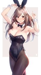 Rule 34 | 1girl, animal ears, armpits, arms up, bare arms, bare shoulders, beige background, black bow, black bowtie, black leotard, blush, bow, bowtie, breasts, brown eyes, brown hair, brown pantyhose, cleavage, closed mouth, commentary, cowboy shot, detached collar, fake animal ears, fingernails, groin, highleg, highleg leotard, highres, hiyashi mirano, idolmaster, idolmaster shiny colors, large breasts, leotard, long hair, looking at viewer, pantyhose, playboy bunny, rabbit ears, raised eyebrows, side-tie leotard, solo, standing, strapless, strapless leotard, sweatdrop, swept bangs, tsukioka kogane, two-tone background, white background, wrist cuffs