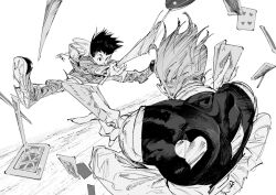 Rule 34 | 2boys, atie1225, backpack, bag, black hair, card, crossed arms, fighting, from behind, gon freecss, heart, highres, hisoka morow, holding, holding card, hunter x hunter, jumping, looking at another, male focus, monochrome, multiple boys, sketch, split, v, white background