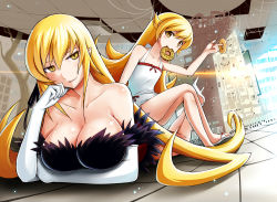 Rule 34 | 2girls, bakemonogatari, bare shoulders, blonde hair, breasts, head rest, cleavage, collarbone, doughnut, dress, dual persona, elbow gloves, food, gloves, huge breasts, kiss-shot acerola-orion heart-under-blade, crossed legs, long hair, long legs, looking at viewer, lying, monogatari (series), mouth hold, multiple girls, on stomach, oshino shinobu, revision, sandals, sitting, the pose, yellow eyes, yuki mizore