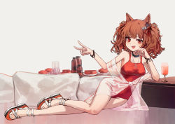 Rule 34 | 1girl, absurdres, angelina (arknights), angelina (summer flower) (arknights), animal ears, arknights, bottle, bracelet, brown hair, choker, commentary, cup, drinking glass, fang, food, fox ears, full body, grey background, hair ribbon, highres, infection monitor (arknights), jewelry, long hair, looking at viewer, lying, necklace, official alternate costume, on side, one-piece swimsuit, open mouth, red eyes, red ribbon, red one-piece swimsuit, ribbon, sandals, simple background, smile, solo, swimsuit, twintails, v, yoon cook