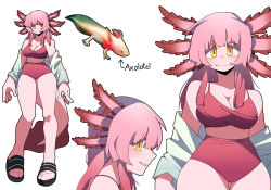 Rule 34 | 1girl, axolotl, axolotl girl, bad id, bad pixiv id, breasts, cleavage, closed mouth, colored skin, commentary, creature and personification, english commentary, furry, furry female, gomulgong, highres, midriff, monster girl, orange eyes, original, personification, pink hair, pink skin, pink tail, sandals, simple background, smile, solo, swimsuit, tail, white background