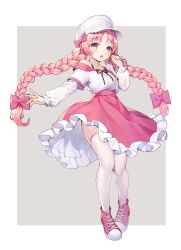 Rule 34 | 1girl, :o, alternate costume, bare shoulders, blush, braid, contemporary, frilled skirt, frills, garter straps, grey background, hat, high-waist skirt, layered sleeves, long hair, long sleeves, looking at viewer, mimi (princess connect!), off-shoulder shirt, off shoulder, open mouth, pink eyes, pink footwear, pink hair, pink skirt, pinki o64, princess connect!, shirt, shoes, short sleeves, simple background, skirt, sneakers, solo, surprised, thighhighs, twin braids, upskirt, very long hair, white garter straps, white hat, white thighhighs