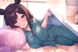 Rule 34 | 1girl, absurdres, alternate costume, animal ears, bed, black hair, blush, breasts, commentary request, hair ornament, hairclip, highres, horse ears, horse girl, long hair, looking at viewer, medium breasts, mejiro dober (umamusume), open mouth, pajamas, pillow, purple eyes, solo, umamusume, window, zeatto