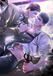 Rule 34 | 2boys, black hair, brown hair, chlthd 990, coat, collared coat, collared shirt, couple, frown, highres, leaf, looking at viewer, lying, multiple boys, necktie, on side, original, pants, scissors, shirt, short hair, smirk, spiked hair, yaoi, yellow eyes