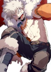 Rule 34 | 10s, 1boy, :d, abs, bakugou katsuki, bare pectorals, belt, boku no hero academia, boots, cape, earrings, fur trim, jewelry, looking at viewer, male focus, maneki-neko (fujifuji), navel, necklace, open mouth, pants, pectorals, red eyes, topless male, silver hair, simple background, smile, spiked hair, stomach, teeth, white background, wide-eyed