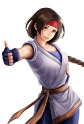 Rule 34 | 1girl, absurdres, braid, brown eyes, brown hair, gloves, headband, highres, lips, looking at viewer, shirt, smile, solo, the king of fighters, thumbs up, white shirt, yuri sakazaki