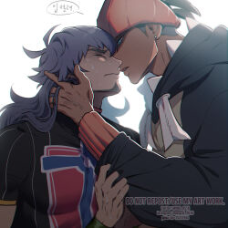 Rule 34 | 2boys, black hoodie, black shirt, closed eyes, closed mouth, commentary, creatures (company), dark-skinned male, dark skin, earrings, facial hair, from side, game freak, hands up, headband, highres, hood, hood down, hoodie, imminent kiss, jewelry, leon (pokemon), long hair, long sleeves, male focus, mongz, multiple boys, nintendo, orange headband, pokemon, pokemon swsh, raihan (pokemon), shirt, short sleeves, sweat, tassel, upper body, white background, yaoi