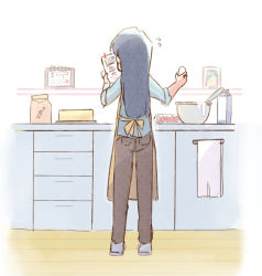 Rule 34 | 1girl, apron, baking, blouse, blue hair, blue shirt, cooking, egg, food, from behind, full body, holding, holding food, idolmaster, idolmaster (classic), kisaragi chihaya, kitchen, long hair, shirt, sleeves rolled up, solo, standing, tsubobot