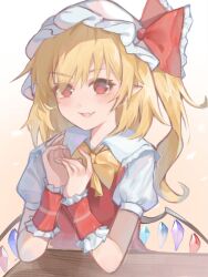 Rule 34 | 1girl, ascot, blonde hair, crystal wings, fang, flandre scarlet, hat, hat ribbon, highres, medium hair, mob cap, open mouth, pointy ears, puffy short sleeves, puffy sleeves, red eyes, red ribbon, ribbon, short sleeves, side ponytail, skin fang, smile, table, touhou, upper body, user ptvs3537, wrist cuffs