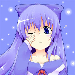 1girl aged_up bare_shoulders blue_eyes blue_hair blush bow cirno cirno-nee female_focus hair_bow kotaka long_hair matching_hair/eyes one_eye_closed solo touhou wink