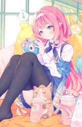 Rule 34 | 1girl, absurdres, animal, black thighhighs, blue eyes, blue skirt, blush, camera, can (honkai impact), cat, chinese commentary, closed mouth, collared shirt, commentary request, cup, disposable cup, drinking straw, eighth note, elf, elysia (coco) (honkai impact), elysia (honkai impact), frills, hairband, highres, holding, holding camera, holding cup, homu (honkai impact), honkai (series), honkai impact 3rd, indoors, kevin kaslana, knees up, long hair, long sleeves, looking at viewer, musical note, nail polish, no shoes, pardofelis (honkai impact), pillow, pink hair, plaid, pointy ears, shirt, sitting, skirt, smile, solo, spoken musical note, suspenders, thighhighs, very long hair, white hairband, white shirt, window, xianyuzi