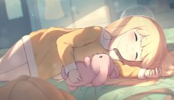 Rule 34 | 1girl, absurdres, bed, blonde hair, blurry, blurry background, blush, child, closed eyes, commentary, commission, dress, electric fan, english commentary, hat, highres, hoplitx, indoors, long hair, long sleeves, lying, on bed, on side, original, pajamas, pixiv commission, smile, solo, stuffed animal, stuffed rabbit, stuffed toy, unworn hat, unworn headwear, yellow dress, yellow hat