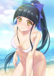 Rule 34 | 1girl, a-plug, beach, bikini, bikini top only, black hair, blue bow, blue nails, blunt bangs, blurry, blurry background, bow, breasts, character request, cleavage, closed mouth, collarbone, convenient arm, convenient censoring, cowboy shot, floating hair, hair bow, high ponytail, highres, leaning forward, long hair, looking at viewer, medium breasts, nail polish, navel, ocean, outdoors, smile, solo, strap gap, sunlight, swimsuit, very long hair, virtual youtuber, white bikini, yellow eyes