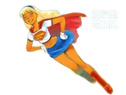 Rule 34 | 1girl, blonde hair, blue eyes, cape, character name, dc comics, dcau, flying, gloves, hands on own hips, kryptonian, long hair, ramb chop, red cape, red footwear, shoes, smile, solo, supergirl, superhero costume, superman (series)