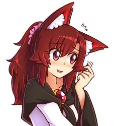 Rule 34 | 1girl, alternate hairstyle, animal ear fluff, animal ears, brooch, brown hair, dress, hair ornament, hair scrunchie, imaizumi kagerou, jewelry, long hair, looking away, ponytail, red eyes, scrunchie, simple background, solo, touhou, upper body, white background, wolf ears, wool (miwol)