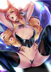 Rule 34 | 1girl, ;d, absurdres, ahri (league of legends), animal ears, areola slip, armpits, arms up, black choker, blonde hair, breasts, breasts apart, cameltoe, choker, cian yo, eyes visible through hair, facial mark, fang, fox ears, fox tail, highres, k/da (league of legends), k/da ahri, large breasts, league of legends, long hair, looking at viewer, navel, nipples, no bra, on floor, one eye closed, open mouth, revealing clothes, sideboob, sitting, smile, solo, spread legs, tail, thighhighs, thong, whisker markings, yellow eyes