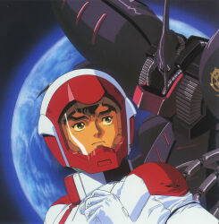 Rule 34 | 1990s (style), 1boy, brown eyes, brown hair, cloud, commentary, cover, dvd cover, earth (planet), emblem, english commentary, gloves, gundam, gundam zz, helmet, highres, in orbit, judau ashta, key visual, kitazume hiroyuki, male focus, mecha, mobile suit, neo zeon, official art, pilot suit, planet, promotional art, qubeley mk ii, retro artstyle, robot, scan, science fiction, space, spacesuit, traditional media, uniform