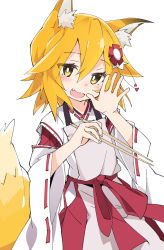 Rule 34 | 1girl, animal ear fluff, animal ears, blonde hair, blush, flower, fox ears, fox tail, hair between eyes, hair flower, hair ornament, ixy, japanese clothes, looking at viewer, miko, open mouth, senko (sewayaki kitsune no senko-san), sewayaki kitsune no senko-san, smile, solo, tail, yellow eyes