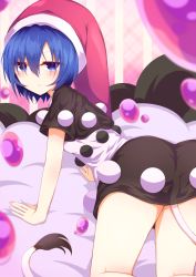 Rule 34 | 1girl, ass, bed, black dress, black sleeves, blue eyes, blue hair, breasts, closed mouth, doremy sweet, dress, eyes visible through hair, from behind, hair between eyes, hat, highres, looking at viewer, medium breasts, pom pom (clothes), red hat, short hair, short sleeves, solo, tail, tomoe (fdhs5855), touhou, wall, white dress
