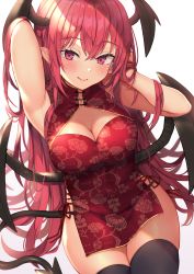 Rule 34 | 1girl, armpits, arms up, black panties, black thighhighs, blush, breasts, cleavage, cleavage cutout, closed mouth, clothing cutout, commentary request, demon girl, demon horns, demon tail, demon wings, dress, floral print, hands in hair, head wings, highres, horns, koakuma, long hair, looking at viewer, medium breasts, panties, pink eyes, pink hair, pointy ears, print dress, red dress, short dress, simple background, skindentation, sleeveless, sleeveless dress, smile, solo, tail, thighhighs, thighs, touhou, underwear, very long hair, white background, wings, wowoguni