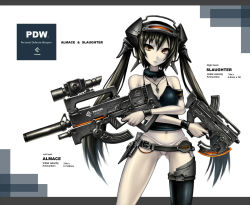 Rule 34 | 1girl, bare shoulders, belt, belt skirt, black hair, dual wielding, gia, gun, hands on own hips, holding, jewelry, long hair, necklace, original, panties, personal defense weapon, red eyes, solo, submachine gun, suppressor, twintails, underwear, weapon