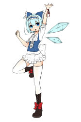 Rule 34 | 1girl, adapted costume, bad id, bad pixiv id, blue eyes, blue hair, boots, bow, cirno, full body, hair bow, hairband, kinakomoti, matching hair/eyes, microskirt, ribbon, short hair, simple background, skirt, solo, standing, standing on one leg, thighhighs, touhou, white thighhighs, wings, wrist ribbon, zettai ryouiki