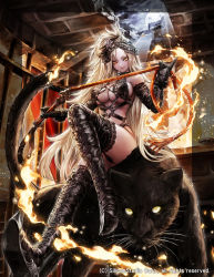 Rule 34 | 1girl, blonde hair, breasts, cross-laced footwear, fire, gyakushuu no fantasica, indoors, large breasts, long hair, looking to the side, magic, nabe (crow&#039;s head), official art, panther, panties, pantyshot, sitting, smirk, solo, underwear, very long hair, whip, whiskers, yellow eyes