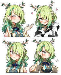Rule 34 | 1girl, antlers, blush, brown eyes, ceres fauna, closed eyes, closed mouth, ddolbang, earrings, flower, gradient hair, green hair, hair flower, hair ornament, heart, highres, hololive, hololive english, horns, jewelry, looking at viewer, looking away, medium hair, mole, mole under eye, multicolored hair, open mouth, parted lips, simple background, smile, two-tone hair, virtual youtuber, white background