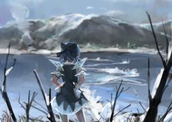 Rule 34 | 1girl, blue dress, blue hair, blue sky, bow, cirno, day, dress, hair bow, hands on own hips, ice, ice wings, ichiba youichi, lake, mountain, puffy short sleeves, puffy sleeves, shirt, short sleeves, sky, solo, touhou, wings