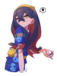 Rule 34 | 1girl, bag, black hair, blue shirt, blue shorts, carmine (pokemon), closed mouth, colored inner hair, commentary, creatures (company), cropped legs, crossed bangs, eyelashes, fanny pack, game freak, hair between eyes, hairband, hand up, heart, highres, holding, holding poke ball, long hair, looking at viewer, looking to the side, mole, mole under eye, multicolored hair, nintendo, noi (noi pk27), pocket, poke ball, poke ball (basic), pokemon, pokemon sv, red hair, shirt, short sleeves, shorts, sidelocks, signature, simple background, smile, solo, speech bubble, spoken heart, two-tone hair, white background, yellow bag, yellow eyes, yellow hairband, zipper, zipper pull tab