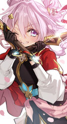 1girl bell belt black_dress black_gloves blue_belt blue_eyes chinese_clothes clenched_teeth commentary_request cropped_jacket dress dual_wielding flower glint gloves hair_flower hair_ornament hairpin high_belt highres holding holding_sword holding_weapon honkai:_star_rail honkai_(series) jacket jingle_bell long_sleeves looking_at_viewer march_7th_(honkai:_star_rail) march_7th_(hunt)_(honkai:_star_rail) niro_(sikabanekurui) official_alternate_costume official_alternate_hairstyle one_eye_closed open_clothes open_jacket partial_commentary pink_eyes pink_pupils pink_sash puffy_sleeves red_jacket sash short_dress shuangyaji smile solo sword teeth two-tone_eyes upper_body weapon white_sleeves