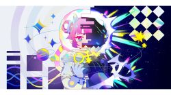 Rule 34 | 1girl, black gloves, blue ribbon, border, buro (muse dash), chinese commentary, commentary, eyelashes, gloves, hair ribbon, hair rings, helmet, highres, key, looking at viewer, muse dash, muyuax, official art, pink eyes, pink hair, planet, ribbon, short hair, sky, solo, space, space helmet, spacesuit, split theme, star (sky), starry sky, upper body, white border, white gloves, yellow pupils