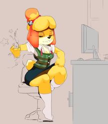Rule 34 | 1girl, 3tc, animal crossing, animal ears, bell, black eyes, blonde hair, blue skirt, breasts, chair, cleavage, computer, cum, disembodied penis, dog ears, dog girl, dog tail, ejaculation, erection, full body, furry, furry female, green vest, hair bell, hair ornament, hair tie, half-closed eyes, hand up, handjob, highres, indoors, isabelle (animal crossing), jingle bell, leg up, lip biting, loose neckwear, miniskirt, motion lines, mouse (computer), neck ribbon, nintendo, orgasm, pencil skirt, penis, plaid, plaid vest, red ribbon, ribbon, shirt, short hair, short sleeves, sitting, skirt, small breasts, smile, socks, solo, star (symbol), tail, teeth, testicles, topknot, unbuttoned, vest, white shirt, white socks