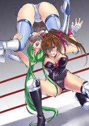 Rule 34 | 2girls, ass, boots, bow, breasts, brown hair, cleavage, cleavage cutout, clenched teeth, clothing cutout, drooling, elbow gloves, fingerless gloves, gloves, green hair, hair bow, hair ribbon, kinniku buster, kupala, large breasts, leg grab, legs over head, leotard, long hair, multiple girls, muscle buster, pain, ponytail, purple eyes, ribbon, ryona, sakurai chisato, saliva, spread legs, sweat, teeth, thigh boots, thighhighs, thighs, thunder ryuko, very long hair, wrestle angels, wrestle angels survivor, wrestle angels survivor 2, wrestling, wrestling outfit, wrestling ring, yellow eyes